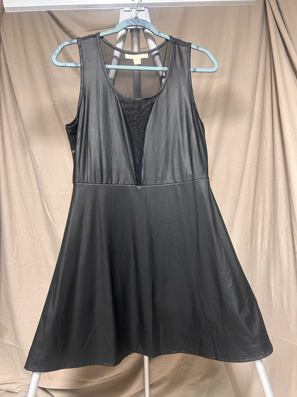 Nicki Minaj Black faux leather look Fit-and-Flare Dress sheer panels large